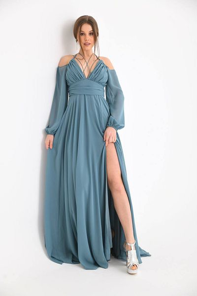 Neşeli Butik women's mint slit detailed chiffon evening dress NBSWLL13