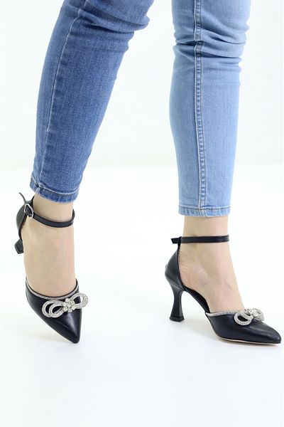 Weynes Women's Black Thin Heeled Bow Ankle Lace-Up Heeled ShoesWsb0750