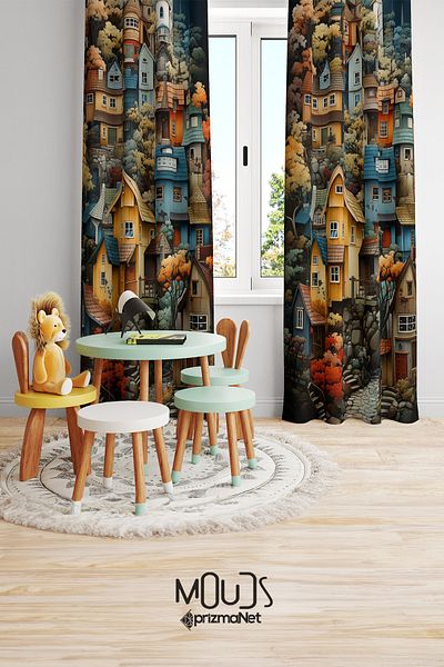 Moud's Old Town Patterned Background Curtain Children's and Baby's Room Suede Printed Extrafor Drawstring 2 Sash PRD-45