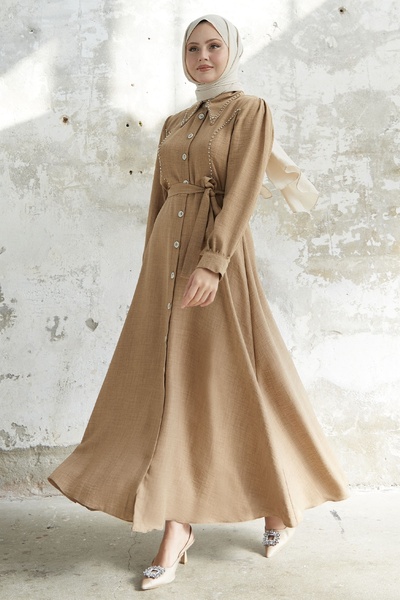 InStyle Beaded Buttoned Linen Dress - Milk Brown