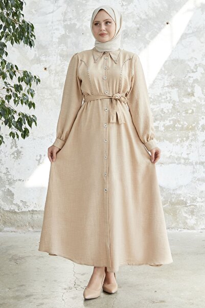 InStyle Beaded Buttoned Linen Dress - Beige