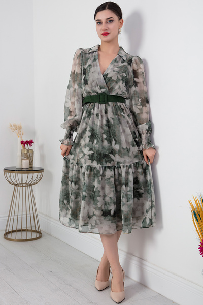 PULLIMM Φόρεμα μίντι σιφόν με διπλό γιακά με ζώνη GRS3373