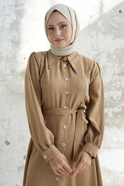 InStyle Beaded Buttoned Linen Dress - Milk Brown