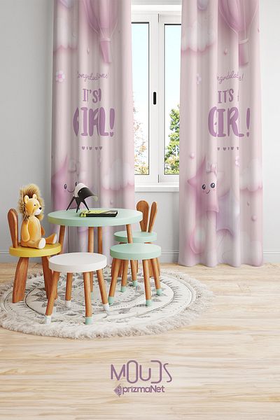Moud's Pink Girl Patterned Background Curtain Children's and Baby's Room Suede Printed Extrafor Drawstring 2 Sash PRD-51