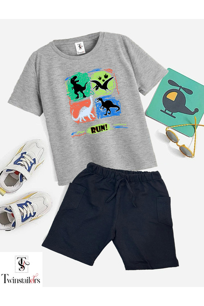 twins tailors Dinosaur Run Štampano sivo-crni unisex letnji gornji i donji de...