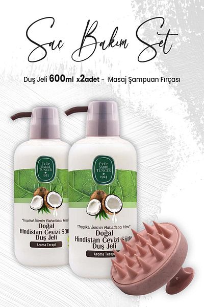 Eyüp Sabri Tuncer Coconut Shower Gel 600 ml X 2 Pieces And Massage Shampoo Brush Pink