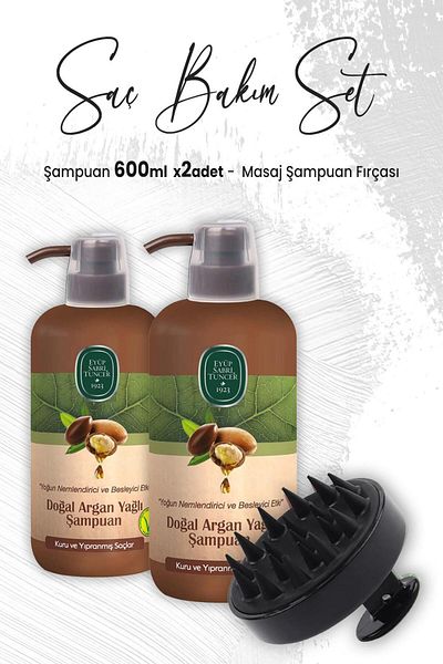 Eyüp Sabri Tuncer Black Natural Argan Shampoo - 600 ml x 2 Pieces and Massage Brush