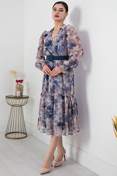 PULLIMM Double Breasted Collar Belted Midi Chiffon Dress GRS3373