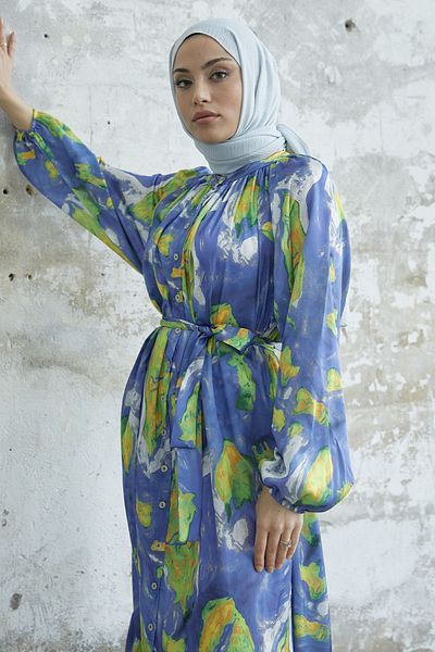 InStyle Marbled Pattern Belted Satin Dress - Indigo