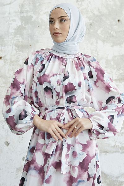 InStyle Floral Σατέν Φόρεμα με Κουμπιά - Πούδρα