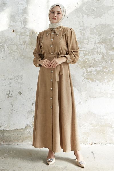 InStyle Beaded Buttoned Linen Dress - Milk Brown