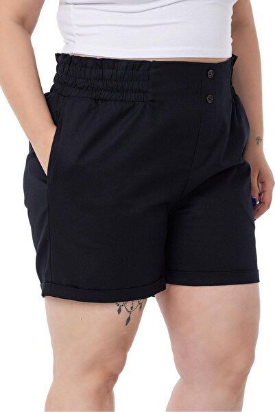 DISENTIS MODEST Plus Size Gabardine Black Shorts with Side and Back Elastic Waist and Fold Detail