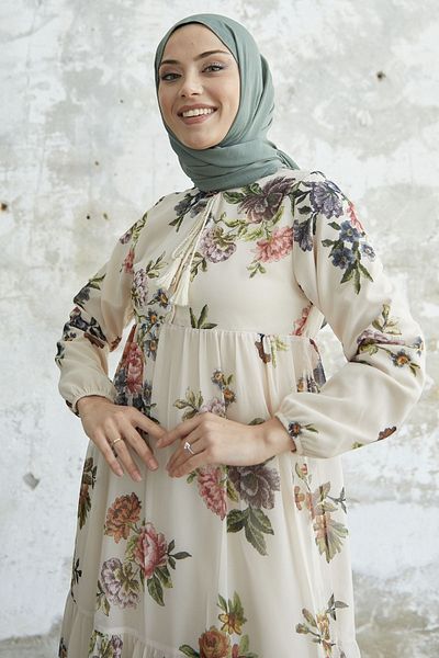 InStyle Rochie din Sifon Floral cu Guler din Dantela - Crem