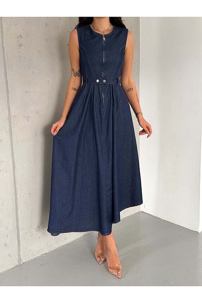 efstyle front zipper sleeveless hem asymmetrical denim dress