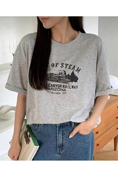 LOUİSA Tricou supradimensionat pentru femei/fete, gri Steam Arizona cu imprim...
