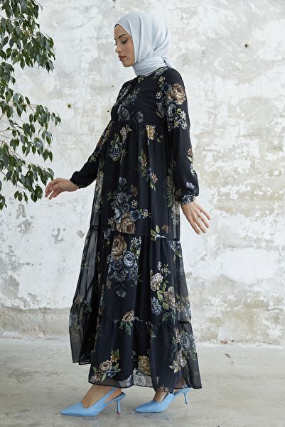 InStyle Floral Chiffon Dress with Lace Collar - Black