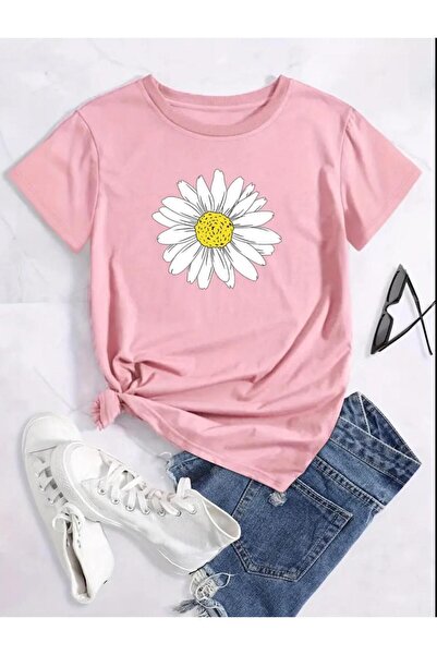 LOUİSA Унисекс розова тениска с голям размер, с принт на сърца и маргаритки и...