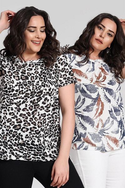 Seamoda Τυπωμένο Basic Plus Size Γυναικείο Μπλουζάκι Casual καθημερινής χρήσης Μοντέλο Διπλό Πακέτο-εκρού