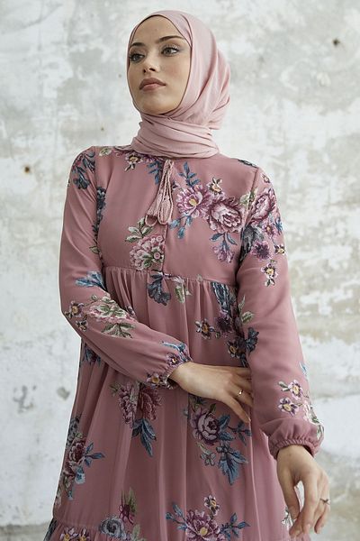 InStyle Floral φόρεμα σιφόν με δαντέλα γιακά - αποξηραμένο τριαντάφυλλο
