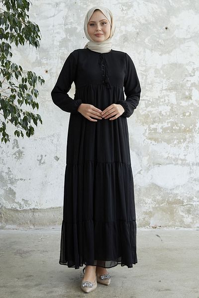InStyle Φόρεμα Yoryo Chiffon με κορδόνια γιακά - Μαύρο