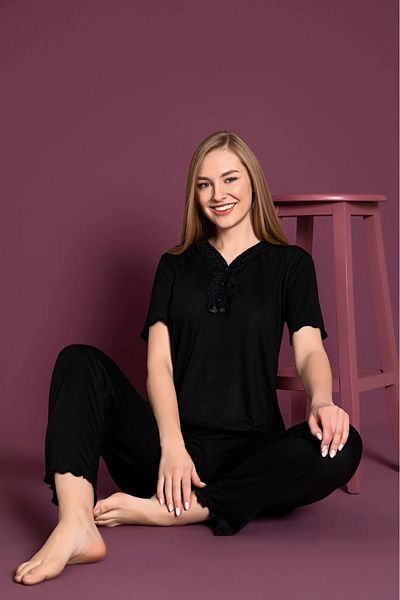 Lukitus Set de pijamale pentru femei, din bumbac, cu decolteu în V, cu mâneci scurte