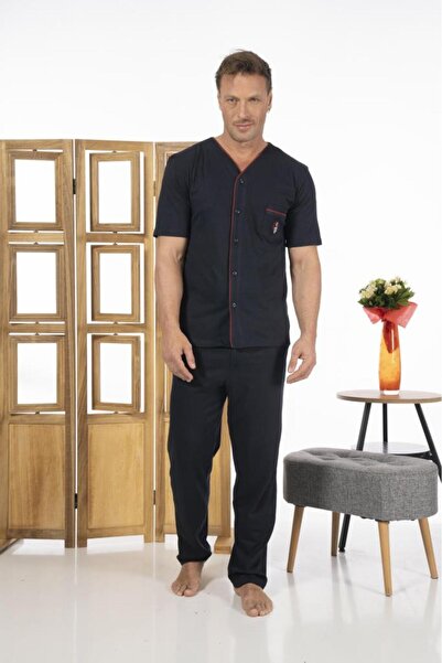 Estiva Men's Front Buttoned Short Sleeve Pocketed Summer Combed Cotton Pajama Set