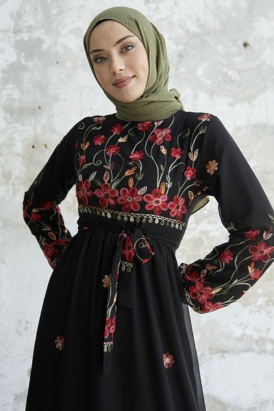InStyle Belted Ruffle Detail Embroidered Chiffon Dress - Black
