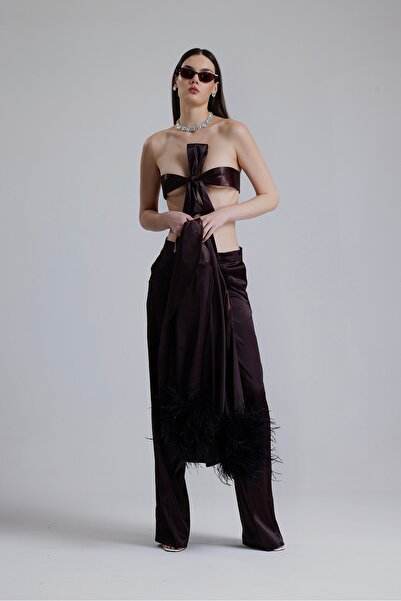 Bohai Design Special Design Sleeves Feathered Otriş Pants Jacket Top-Bottom Brown Satin Set