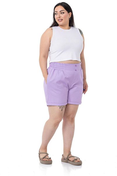 DISENTIS MODEST Plus Size Gabardine Lilac Shorts with Side and Back Elastic Waist and Fold Detail