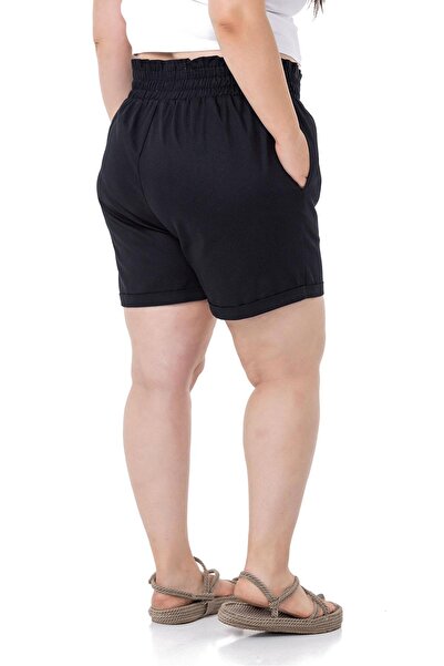 DISENTIS MODEST Plus Size Gabardine Black Shorts with Side and Back Elastic Waist and Fold Detail