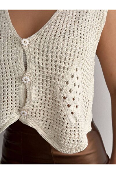 Genel Markalar Papatya Düğmeli Pamuk Triko Ajurlu Yelek