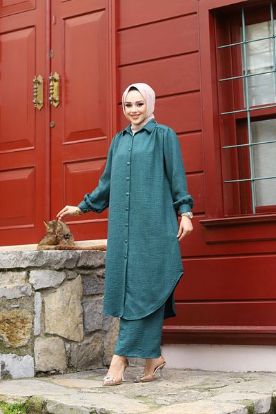 Sfg Life Moda WOMEN'S SUMMER SHIRT COLLAR AND BUTTONED FRONT LINEN FABRIC LONG SHIRT TUNIC, PANTALON TESETURE DOUBLE SET