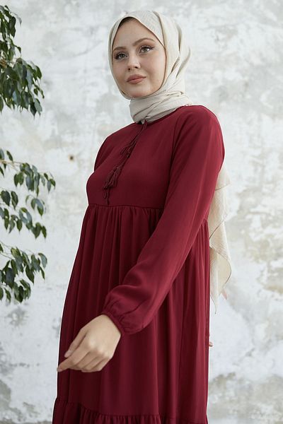 InStyle Rochie Yoryo din șifon cu guler cu șireturi - Roșu Claret