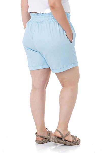 DISENTIS MODEST Plus Size Gabardine Baby Blue Shorts with Elastic Waist, Side and Back and Fold Detail