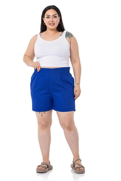 DISENTIS MODEST Plus Size Gabardine Saks Shorts with Side and Back Elastic Waist and Fold Detail