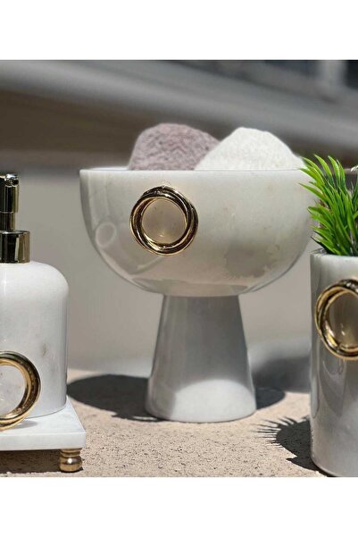 Sümeyra Marble Art OLIVYA- طقم حمام رخام أبيض - 7 قطع - تفاصيل ذهبية - وعاء رخامي - منشفة