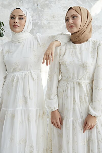 InStyle Embroidered Ruffle Chiffon Dress - White