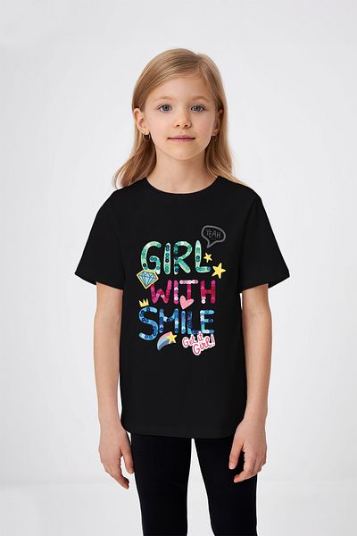 ADABEBEK Tricou pentru fetiță cu imprimeu Smiling Girl cu detaliu de mărgele