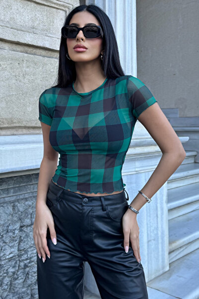 Bipantolon Women's Black Green Square Patterned Crew Neck Short Sleeve Baby O...