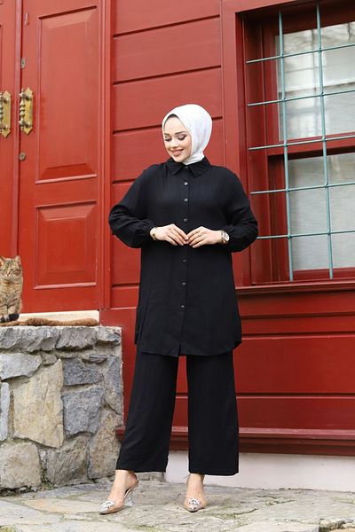 Sfg Life Moda WOMEN'S TESETURES WITH BUTTON FRONT AND SHIRT COLLAR, WOVEN VISKOSE DOUBLE PANTALON SLIPPING SUIT