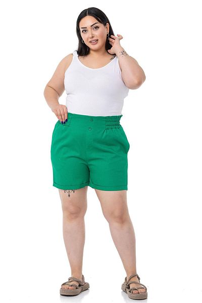DISENTIS MODEST Plus Size Gabardine Green Shorts with Elastic Waist, Side and Back and Fold Detail