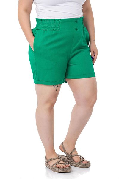 DISENTIS MODEST Plus Size Gabardine Green Shorts with Elastic Waist, Side and Back and Fold Detail