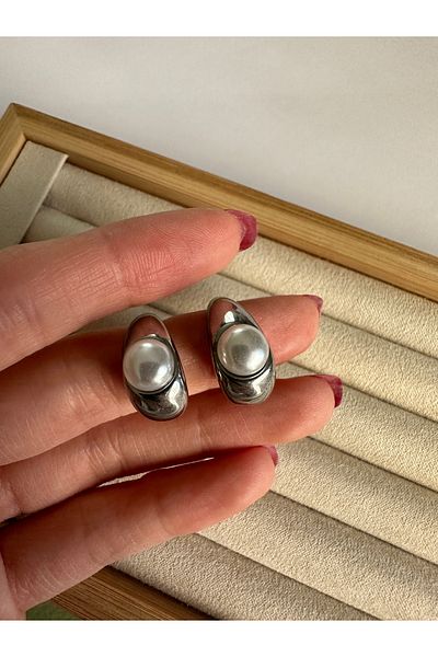 ringbox أقراط نسائية فضية اللون من الفولاذ المقاوم للتشويه مع اللؤلؤ