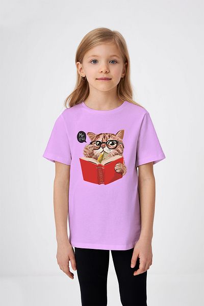 ADABEBEK Tricou pentru fetiță cu imprimeu Meow Citind o carte cu ochelari