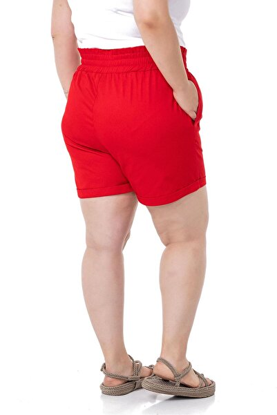 DISENTIS MODEST Plus Size Gabardine Red Shorts with Side and Back Elastic Waist and Fold Detail