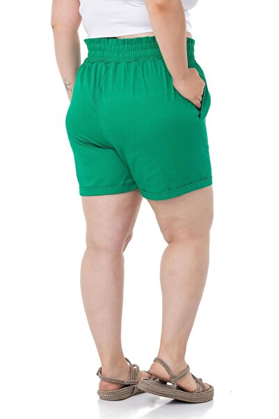 DISENTIS MODEST Plus Size Gabardine Green Shorts with Elastic Waist, Side and Back and Fold Detail