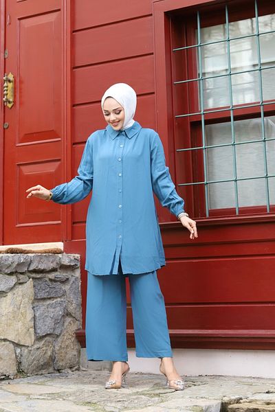 Sfg Life Moda WOMEN'S TESETURES WITH BUTTON FRONT AND SHIRT COLLAR, WOVEN VISKOSE DOUBLE PANTALON SLIPPING SUIT