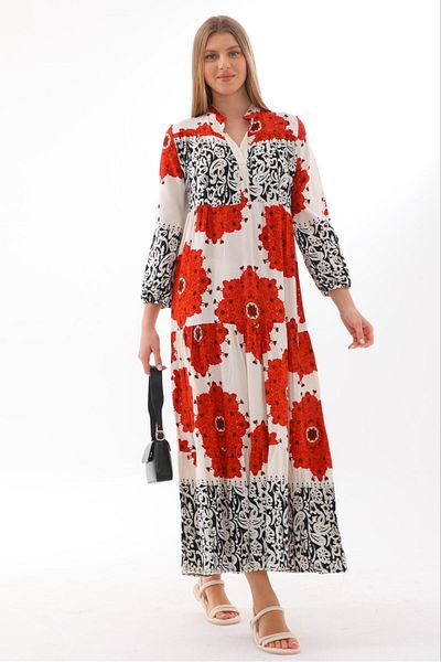 AYASOFYA OTANTIK Rochie de damă, roșie, albă, cu guler cu mâneci, cu capăt elastic, lungă și largi