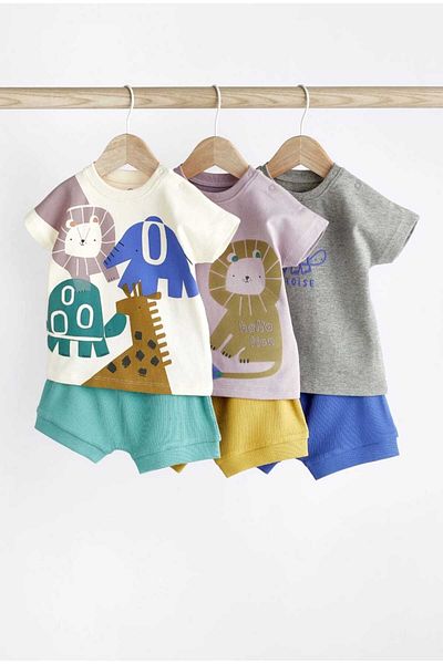 Next Baby 100% Cotton Blue Elephant Patterned 3-Piece Shorts Top and Bottom Set