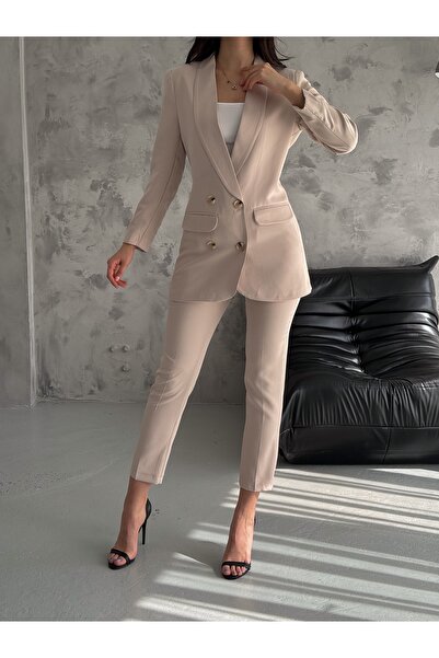 SİZ Cream Shawl Collar Blazer Jacket Carrot Pants Suit